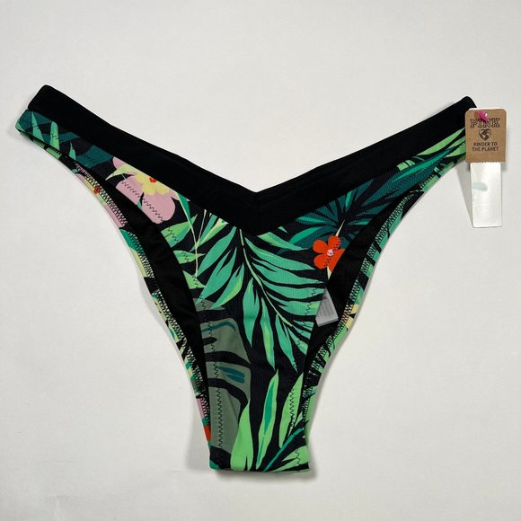 Victoria's Secret Other - Victoria Secret Pink Small S Itsy Bikini Bottom Cheeky Black Green Palm Jungle